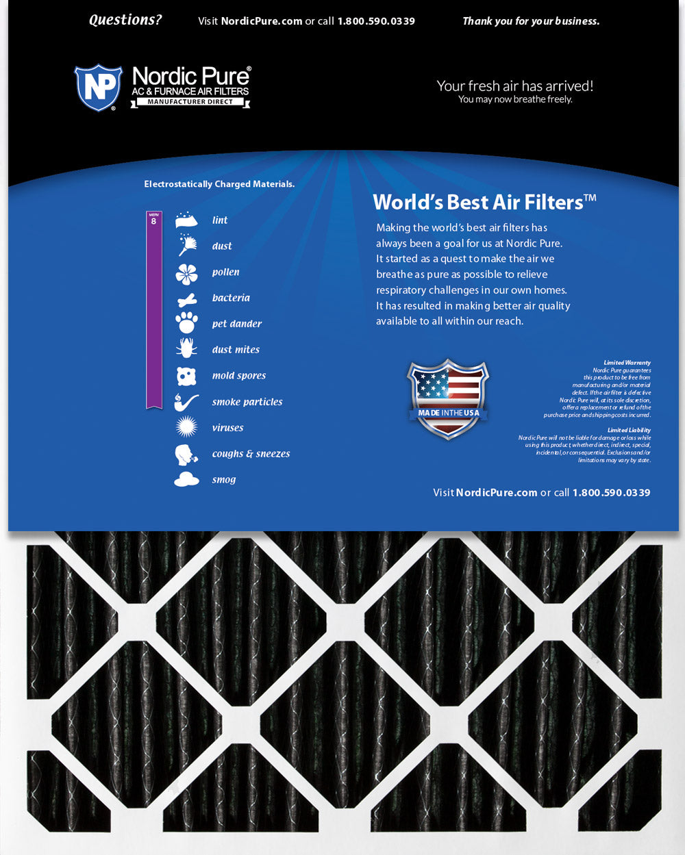 16x25x4 (3 5/8) Furnace Air Filters MERV 8 Pleated Plus Carbon