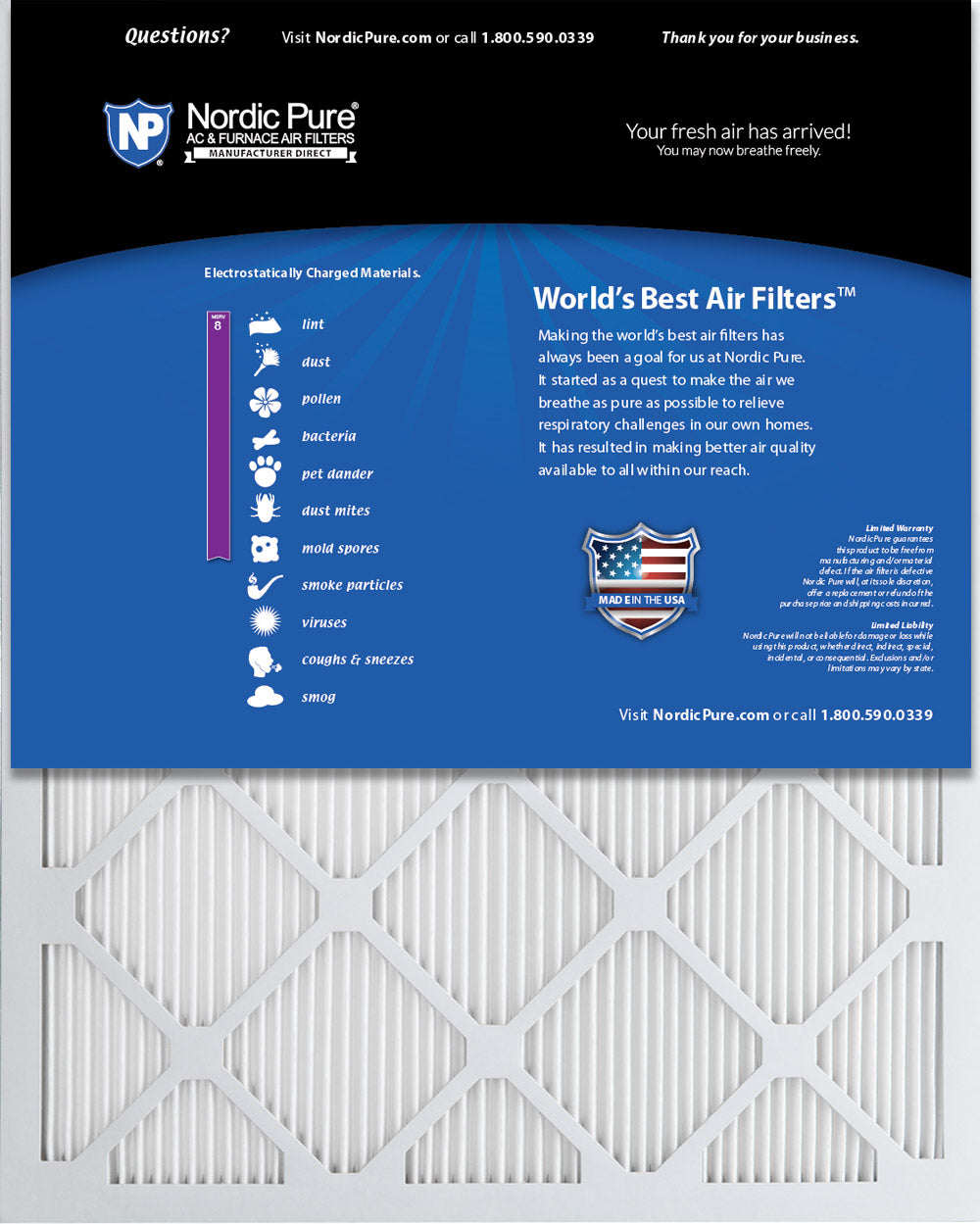 16x30x1 Nordic Pure Tru Mini Pleat MERV 8 AC Furnace Air Filters