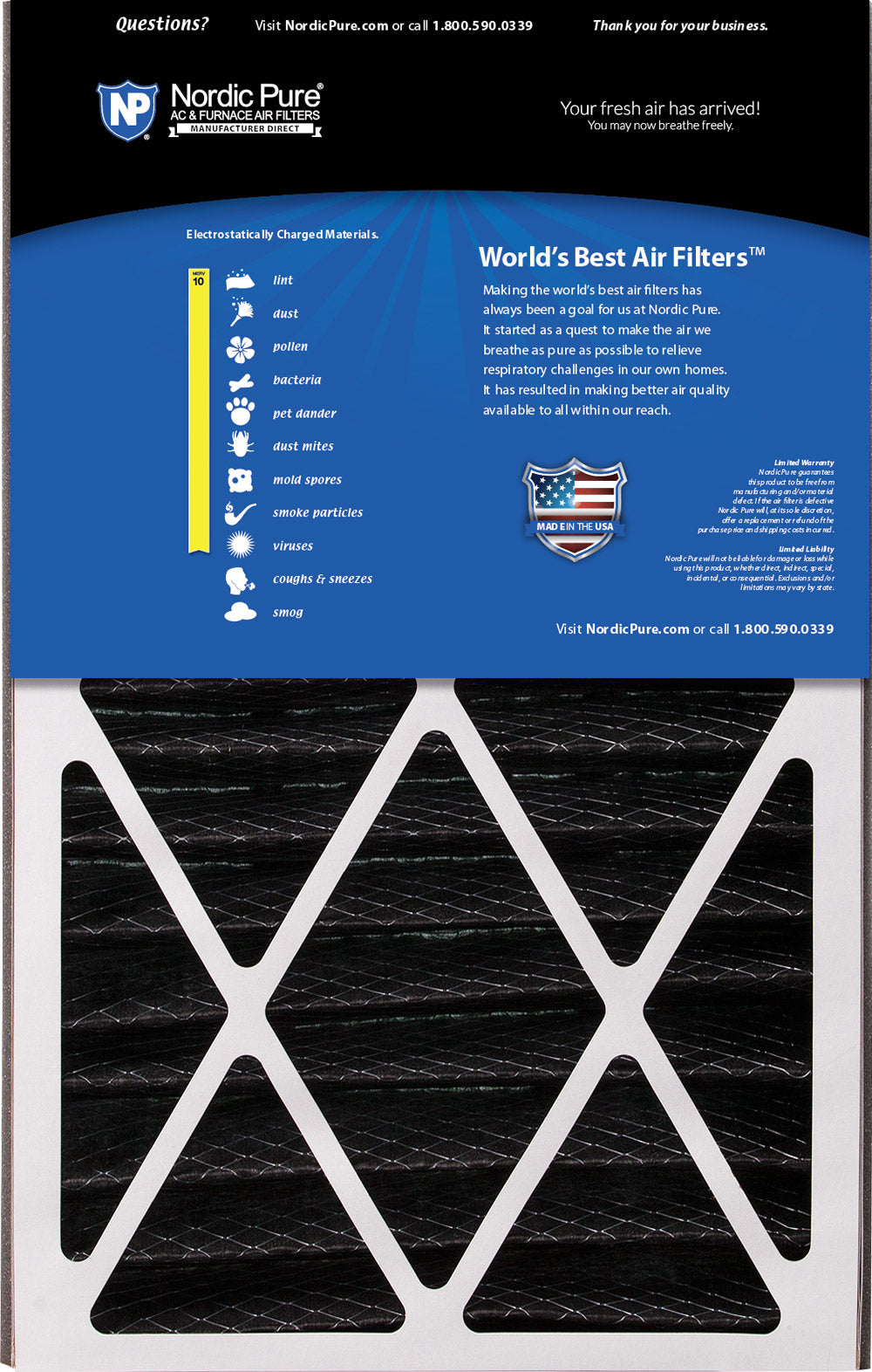 Air Bear 16x25x5 (4 7/8) Air Filter Replacement MERV 10 Pleated Plus Carbon