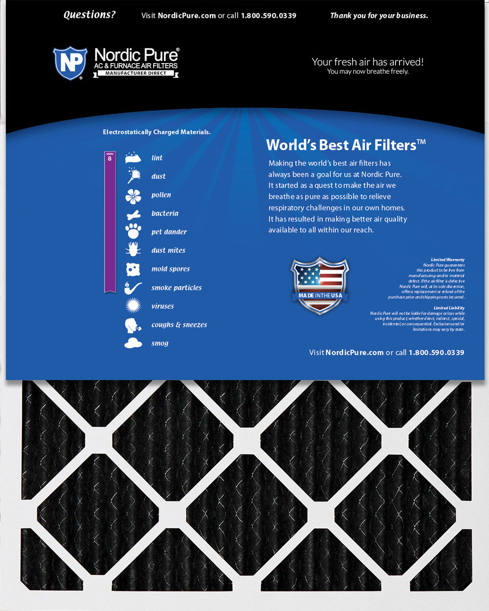 16x25x1 Pure Carbon Pleated Odor Reduction Furnace Air Filters