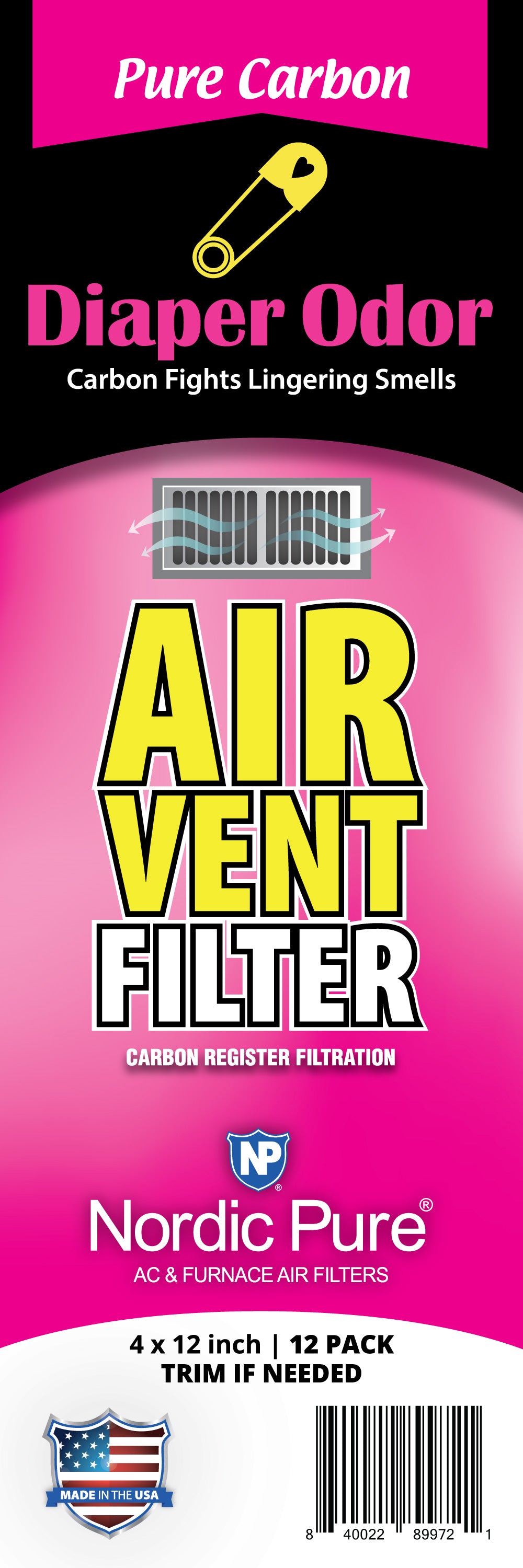 Diaper Odor Reducing Pure Carbon Air Vent Filters 4x12 (Register Vent Filters)